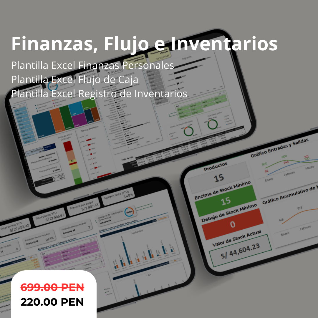Pack: Excel Finanzas Personales + Excel Flujo de Caja + Excel Registro de Inventarios