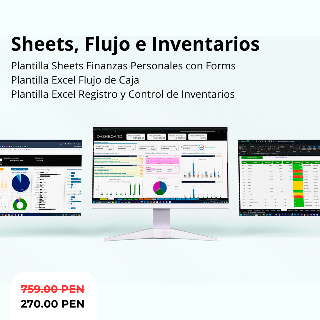 Pack: Sheets Finanzas Personales + Excel Flujo de Caja + Excel Control de Inventarios